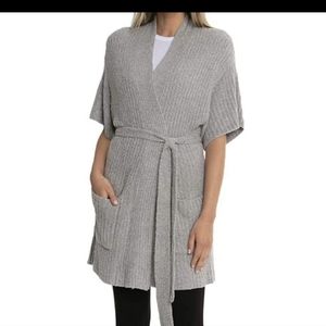 Barefoot Dreams Cozy Chic Lite Belted Kimono Cardigan Short Sleeve Gray Ribbed